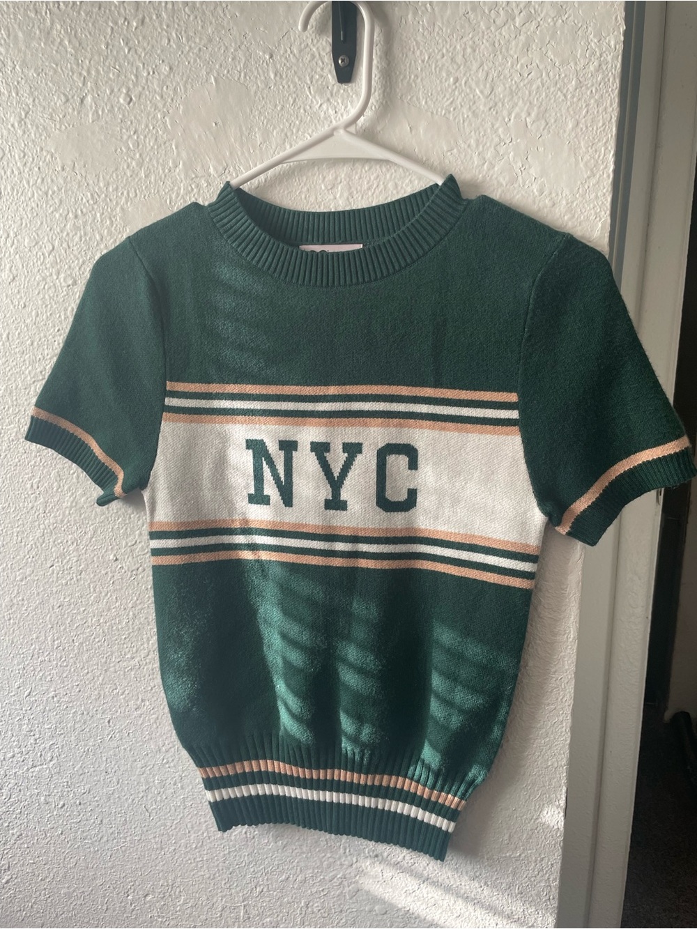 SO Green NYC Short-Sleeve Crew Sweater with Cream & Tan Stripes